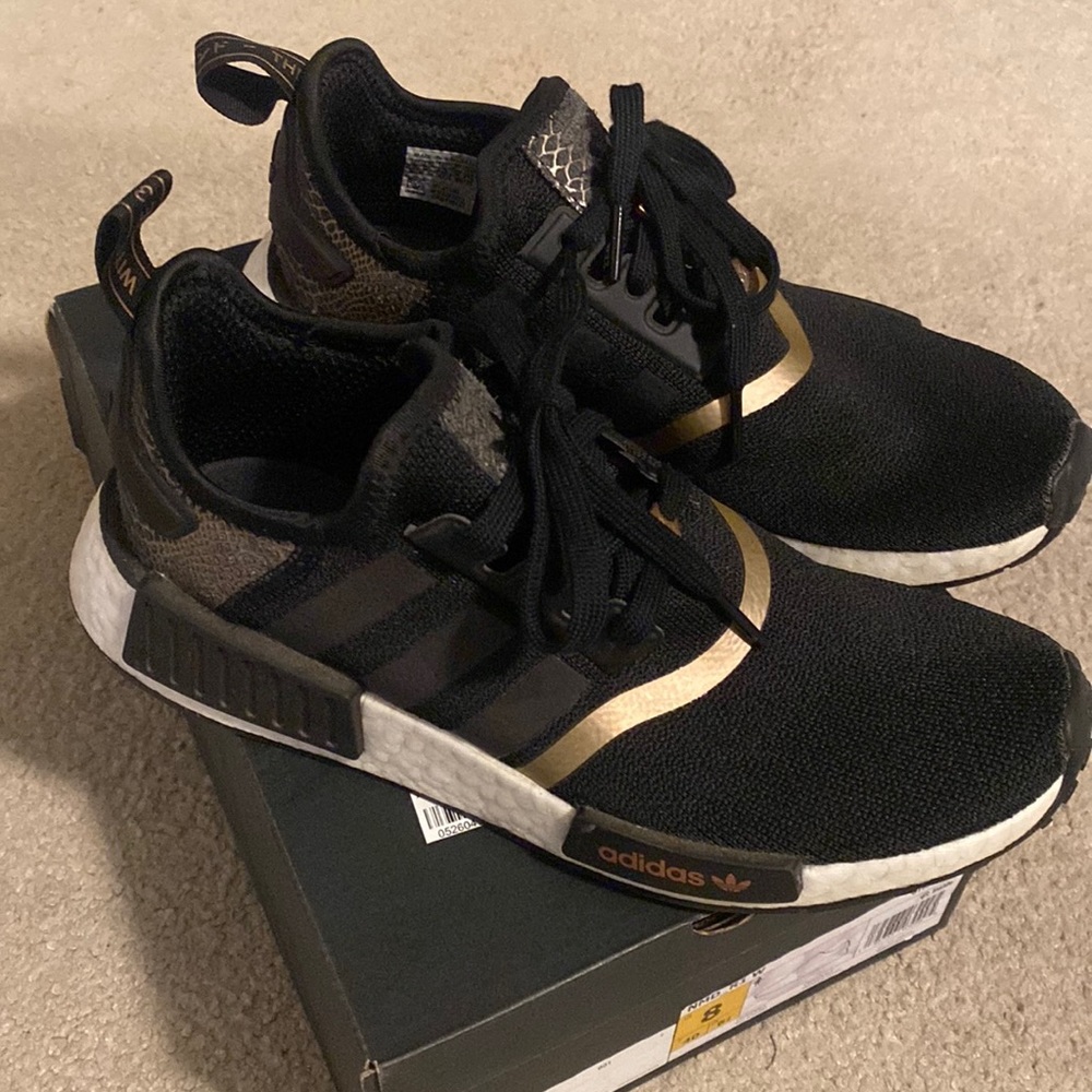 Adidas NMD_R1 size 8 black with rose gold print/accent